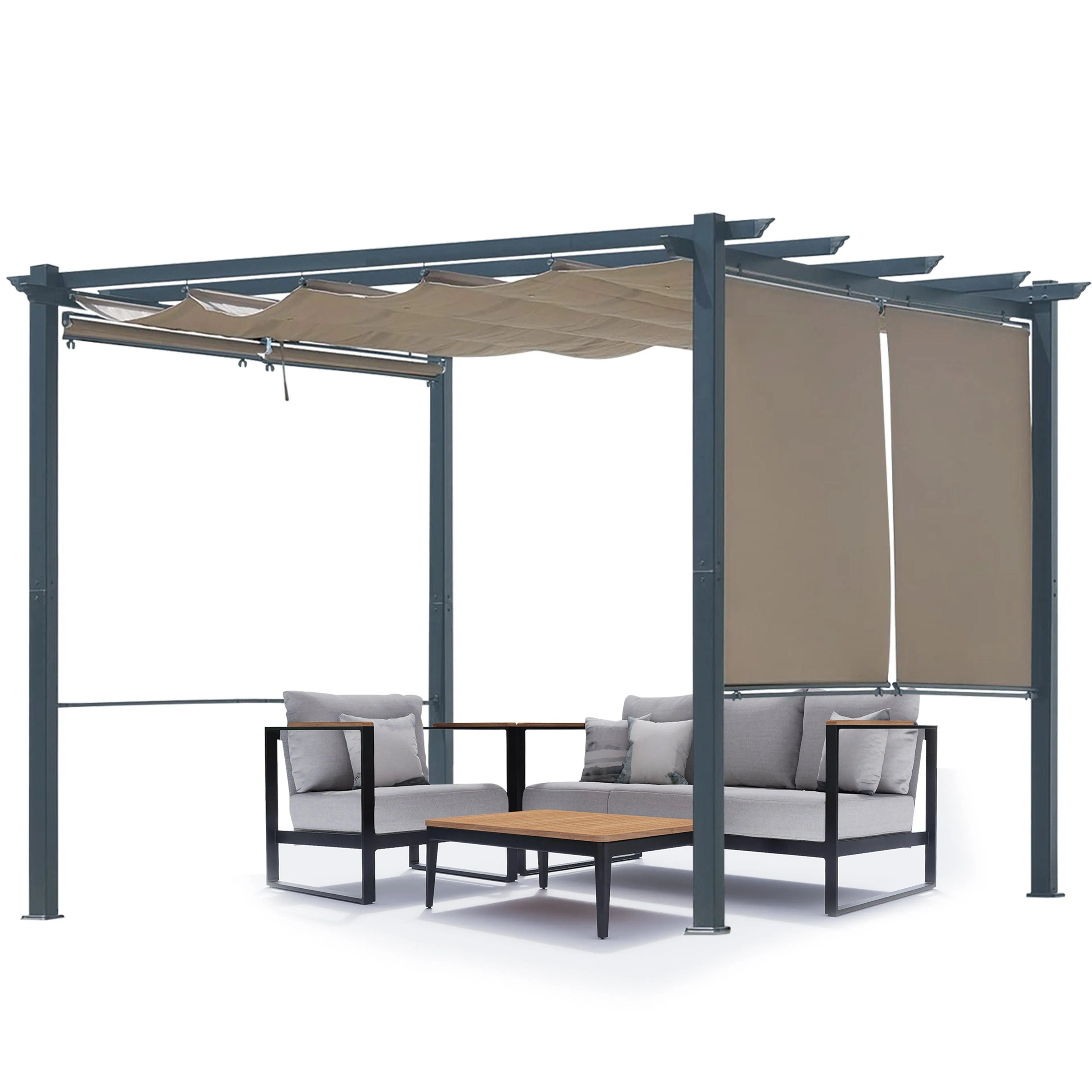10x10 ft. Outdoor Pergola with Shade Canopy, Aluminum Frame, Roller Shade Curtain - Aoodor